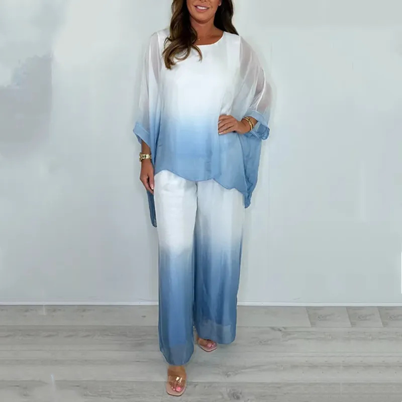  Limited Time Offer  50% Off! Mesh Mix Dip Dye Loose Flowy Top & Trouser Set