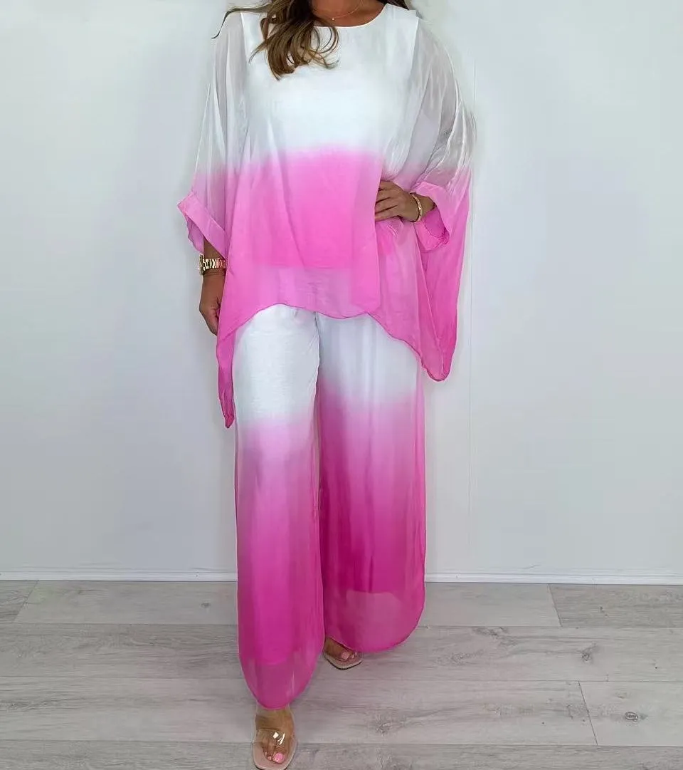  Limited Time Offer  50% Off! Mesh Mix Dip Dye Loose Flowy Top & Trouser Set
