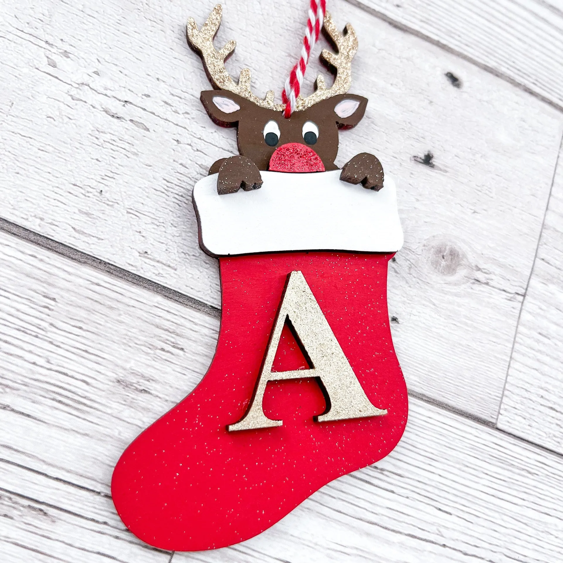 Personalised Reindeer Stocking Initial Decoration