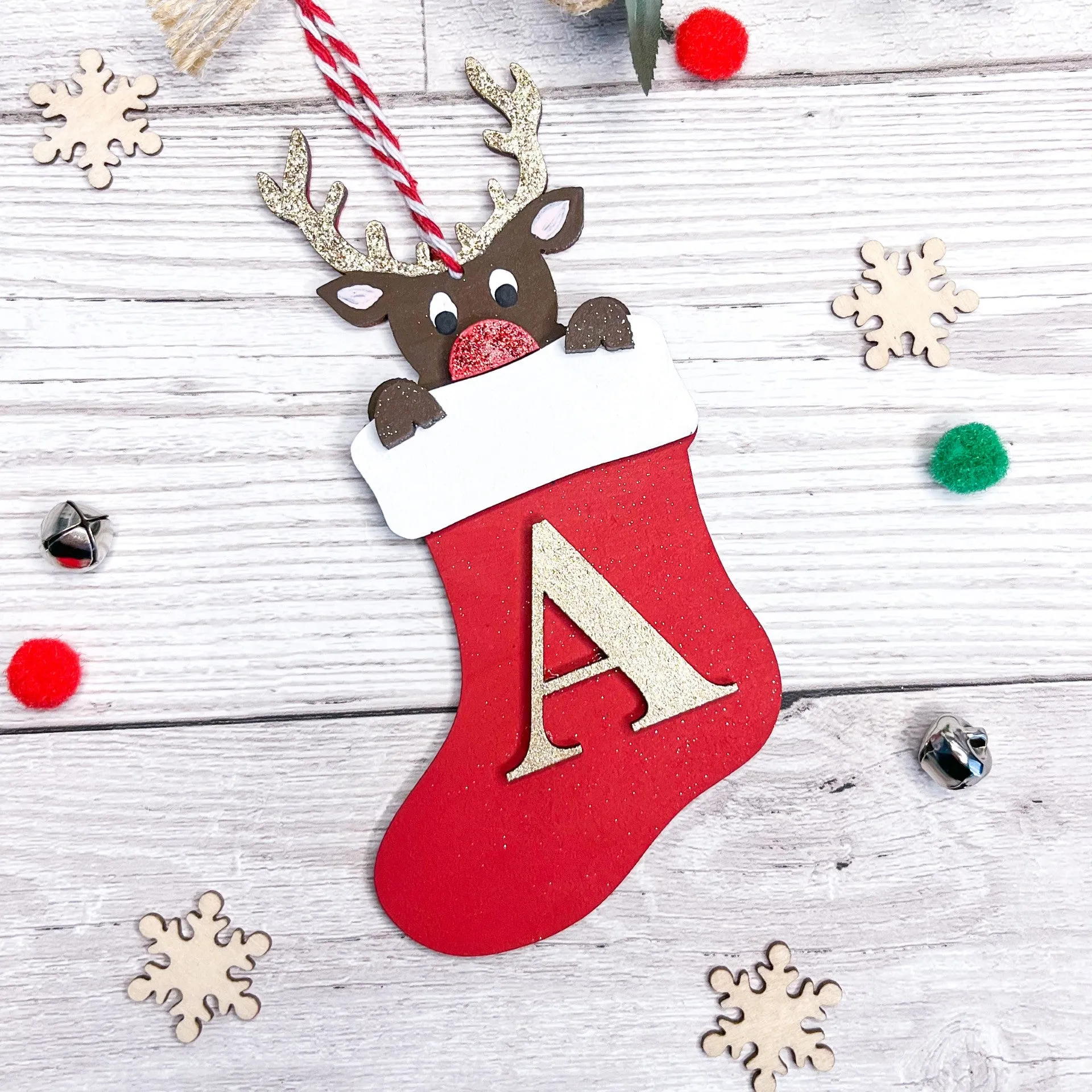 Personalised Reindeer Stocking Initial Decoration