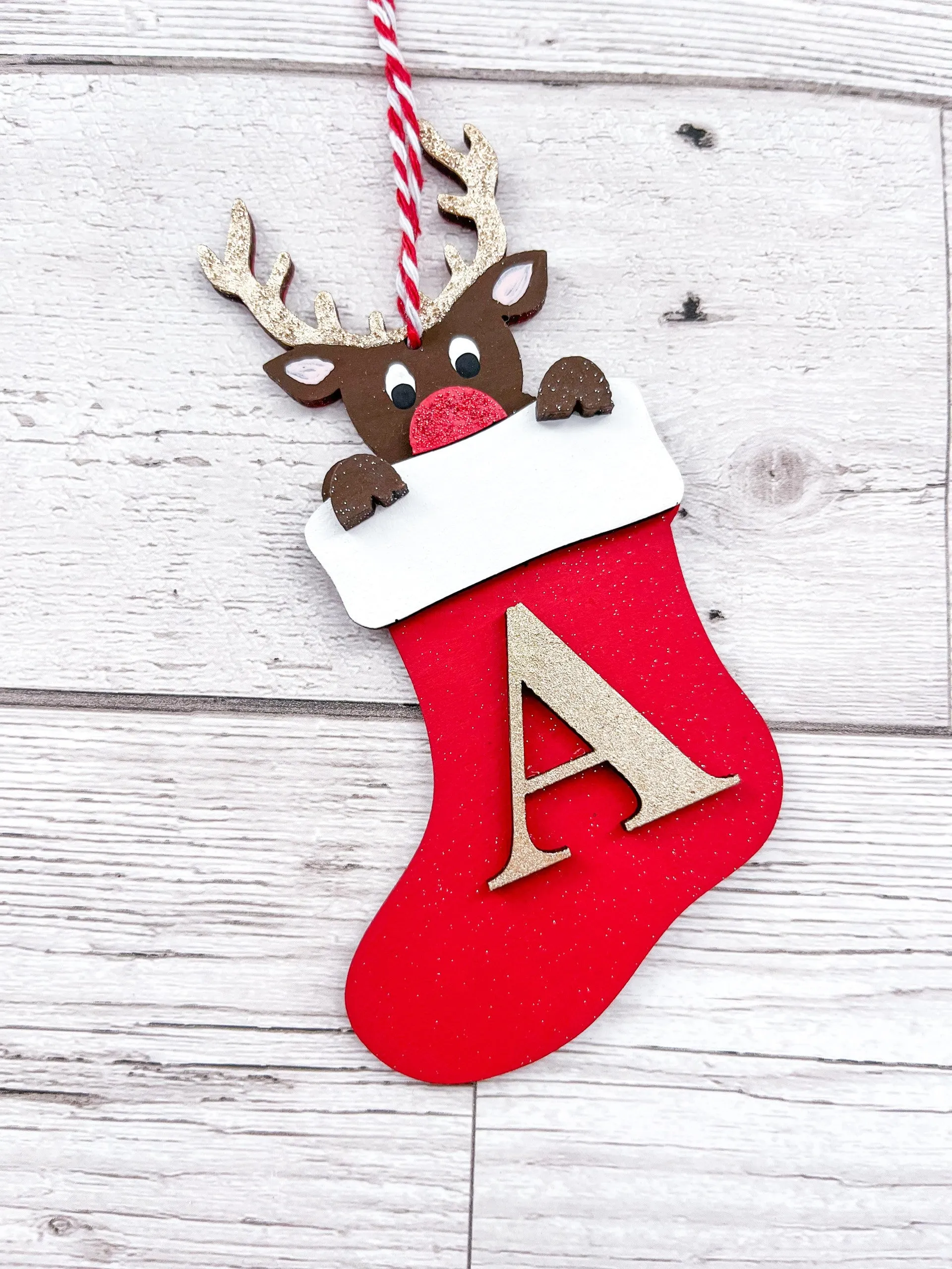 Personalised Reindeer Stocking Initial Decoration