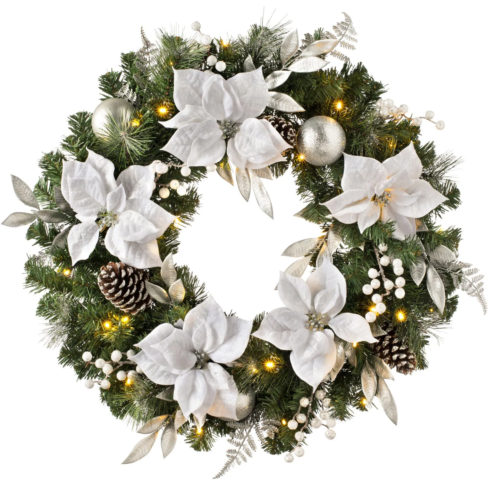 Pre-Lit Extra Thick Wreath, Silver/White, 76 cm