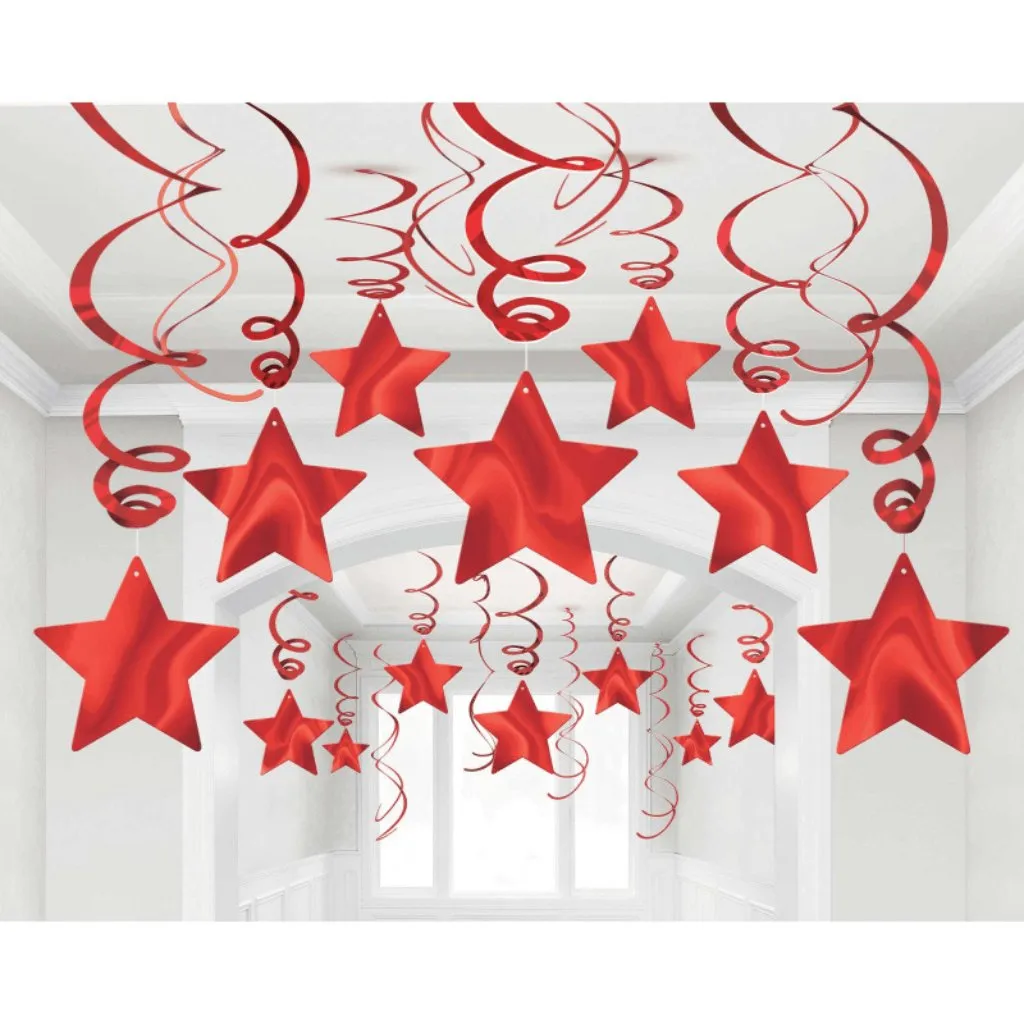 Shooting Stars Foil Swirl Decorations - Apple Red