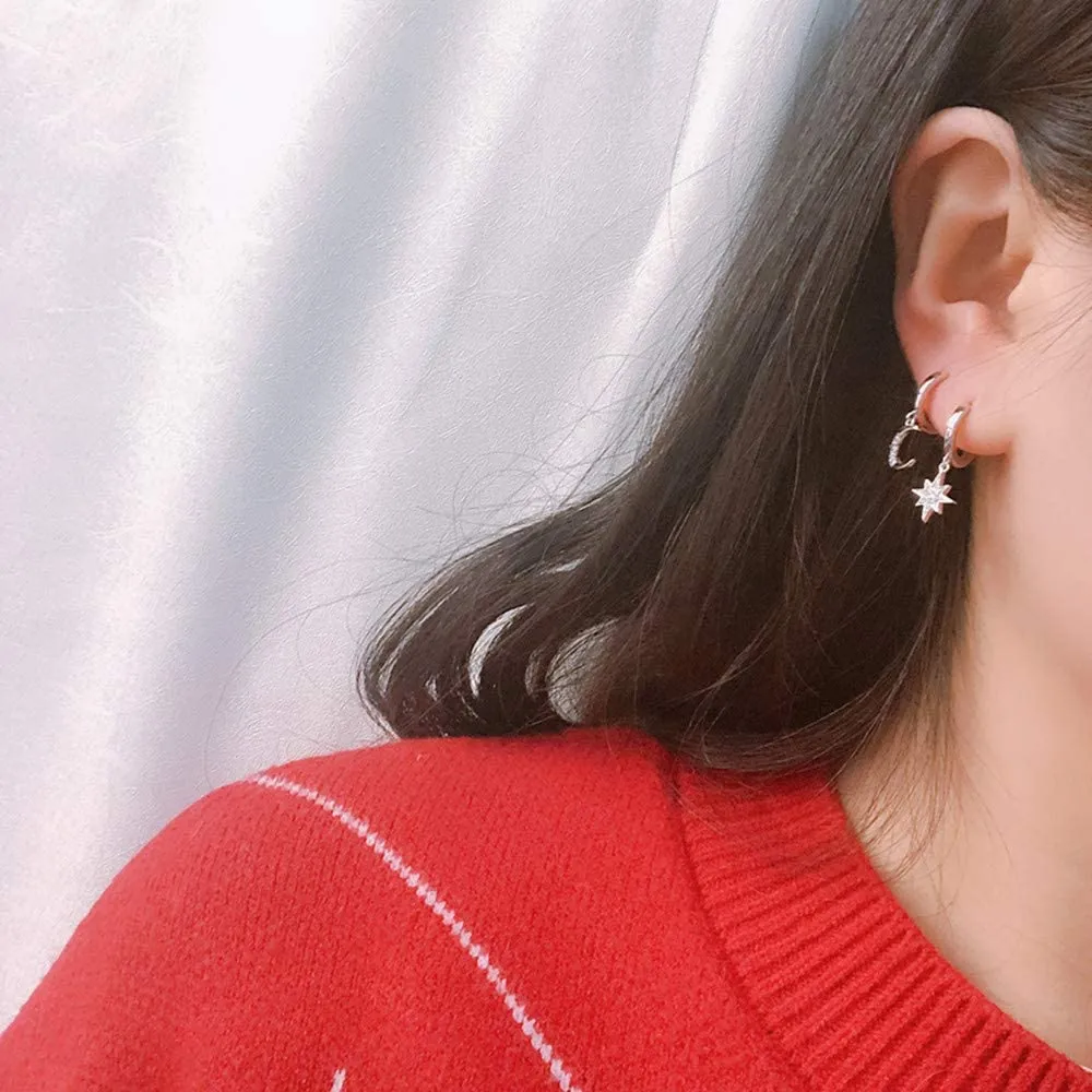 Women's Moon Star Pendant Small Hoop Earrings